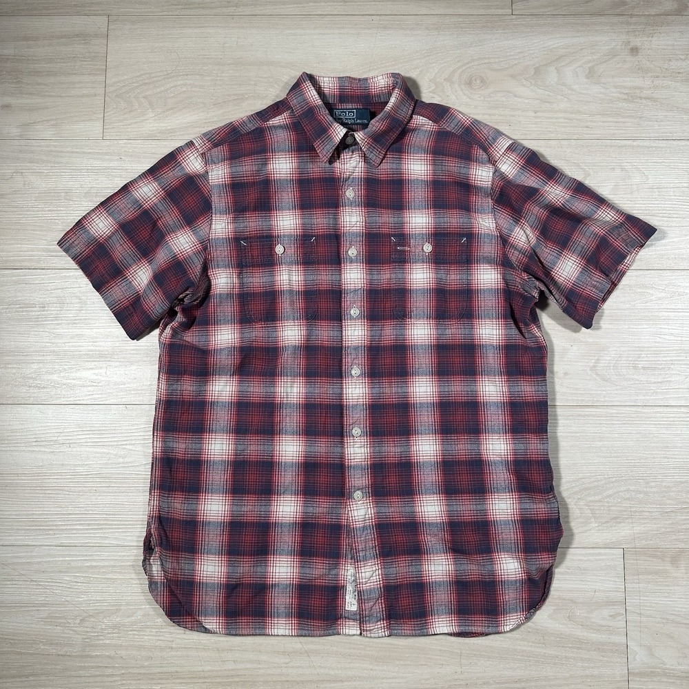 Polo Ralph Lauren Mens Large Red Tartan Plaid Short Sleeve Utility Shirt Blake